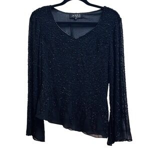J Kara New York Black Beaded Asymmetrical V-Neck Blouse Bell Sleeve Medium